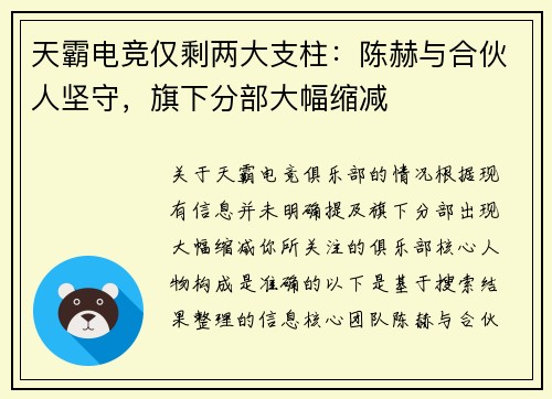 天霸电竞仅剩两大支柱：陈赫与合伙人坚守，旗下分部大幅缩减